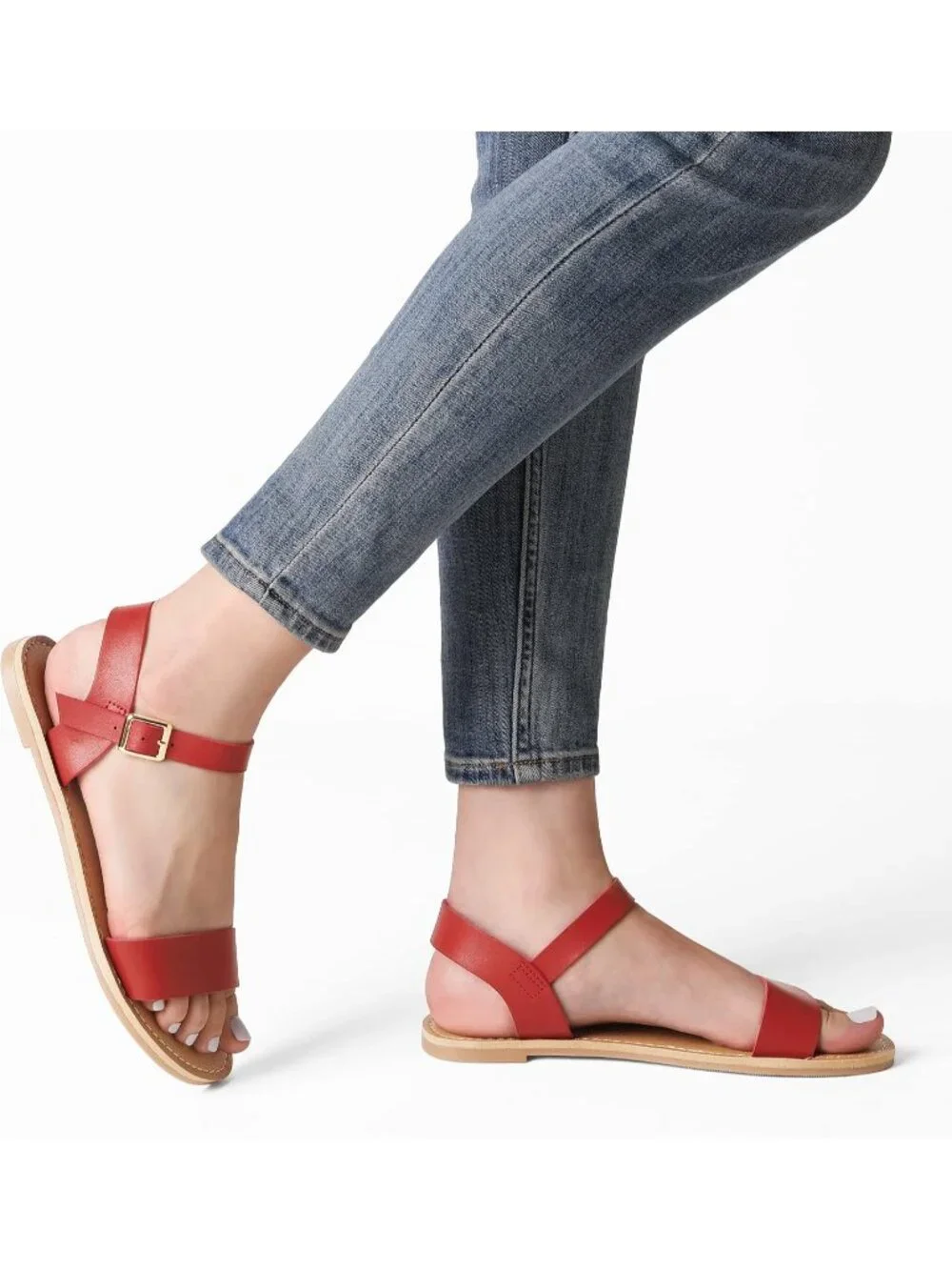 Women Red Flat Sandal Open Toe Ankle Strap Faux Leather Non Slip Shoes